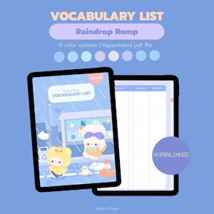 May include: Two digital tablets displaying a vocabulary list titled "Raindrop Romp." The first tablet shows a cover with cartoon characters and the text "VOCABULARY LIST." The second tablet shows a blank vocabulary sheet. The image includes the text "8 color options | Hyperlinked pdf file."