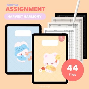Puede incluir: Planificador de tareas digital con un tema de cosecha. La portada presenta un lindo oso de dibujos animados sosteniendo un tarro de miel. El planificador incluye 44 archivos. El texto "Harvest Harmony" se muestra en un cuadro morado.