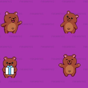 Peut inclure: Quatre ours bruns en pixel art avec des expressions joyeuses. Un ours tient une boîte cadeau bleue. Les ours sont sur un fond violet.