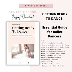 Pode incluir: Um ebook imprimível rosa e branco intitulado "Getting Ready To Dance: Essential Guide for Ballet Dancers". A capa apresenta uma bailarina amarrando seus sapatos de balé e o texto "Getting Ready To Dance" em uma fonte rosa e branca. O ebook inclui informações sobre o que cada bailarina precisa, como costurar elásticos e fitas em sapatos de balé, como costurar sapatilhas de ponta, como amarrar fitas de sapatos de balé, como fazer um coque de balé, como se maquiar para o palco, os itens essenciais da bolsa de dança, a etiqueta na aula, um guia para o sucesso no balé e um planejador de dança semanal bônus.