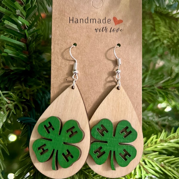 4H Earrings || Clover Earrings || 4H Fair Cattle Sheep  Goat Pig 4 H Decor Wooden Jewelry