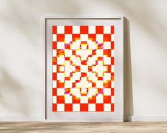 Orange Checkered Wall Poster, Orange Checkered Aesthetic Poster, Bright Trippy Print, Trippy Checkered Wall Art, Glitchy Checkered Wall Art