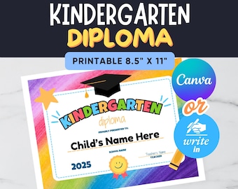 Kindergarten Diploma, Printable PDF Fill-in & Canva-Editable Versions, Customizable Kinder Graduation Keepsake Award Certificate