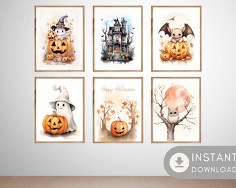 Enchanting Halloween Watercolor Art Prints - 6 Piece Set - print at home art - printable artwork - 8.5x11. Cute Spooky Art
