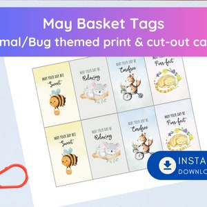 May Basket Animal-Themed Printable Tags, 8 Print at home May Day Gift Card Tags, Spring Gift Tag Card, May 1 Basket Tag, US Letter