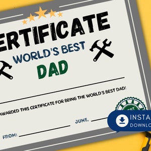 Feuille de certificat pour la fête des pères du meilleur papa pour les enfants à donner aux pères, Téléchargement instantané imprimable Fête des pères Anniversaire Parent Award