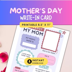 Mother's Day Printable card worksheet to Mom From Kid (s) - Print at home card with write-in - print and gift, Mother's Day gift from child