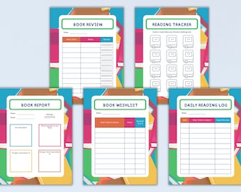 Kids Book Reading Planner Set with Book Wish List, Color-in Books Reading Tracker. Book Review + Report Worksheets and Bonus Bookmarks
