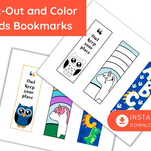 Printable Kids Coloring Bookmarks, Classroom Reading Day, Instant Download, Printable, Activity Kids Bookmarks, Dinosaur, Unicorn, Owl