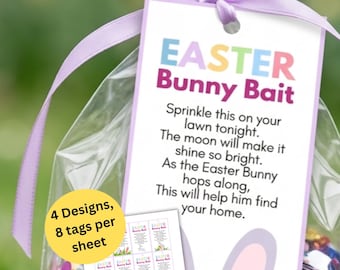 Bunny Bait Tags Printable, Easter Bunny Bait Bag Tags, Easter Eve Tradition, 4 Designs, 8 Tags per Sheet, Pastel Easter Tags