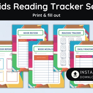 Kids Book Reading Log Tracker Set mit Buch-Wunschliste, Color-in Books Reading Tracker. Buchbesprechung + Bericht Arbeitsblätter und Bonus Lesezeichen