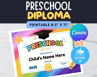 Preschool Diploma, Printable PDF Fill-in & Canva-Editable Versions, Customizable Pre-K Graduation Keepsake Award Certificate