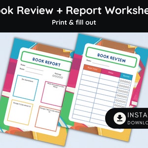 Kids Book Review and Book Report Digital Printable Worksheets, Book Review + Report Worksheets and Bonus Bookmarks, Digital Download
