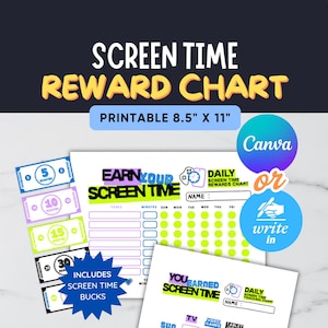 Printable Screen Time Reward Chart for Kids | Editable Daily Tasks and Screen Time Bucks | Printable PDF Fill-in & Canva-Editable Version