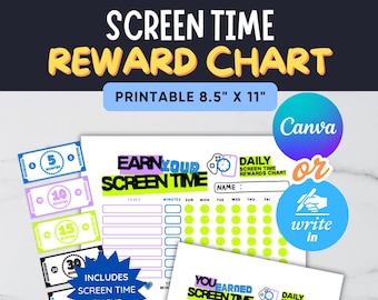 Screen Time Reward Chart: Editable Kids Chore Chart (Printable PDF & Canva Template