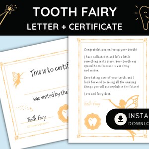 Letter and Certificate from the Tooth Fairy for Kids - Minimal Tooth fairy kids letter, fairy dust,  - Instant Download Printable Pages