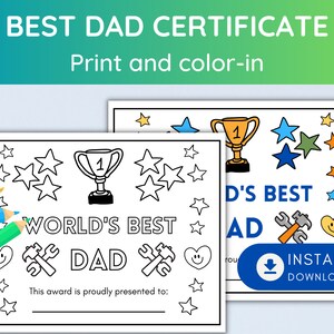 World&#39;s Best Dad Certificate Coloring Activity Sheet for Kids to give to Dads, Instant Download Printable Father&#39;s Day Worksheet, Dad Award