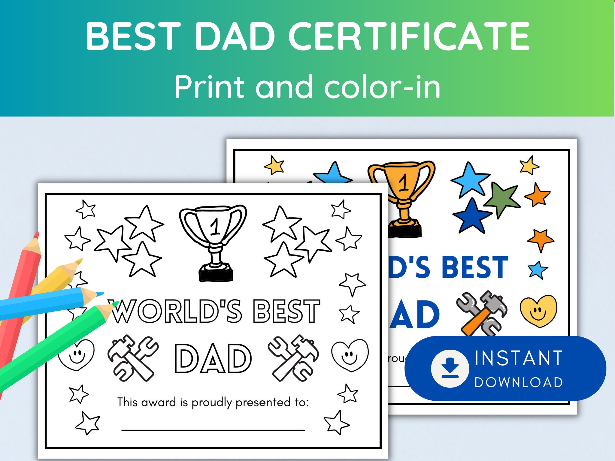 Best Dad Father's Day Certificate Coloring Activity Sheet for Kids to Give to Dads, Instant ...