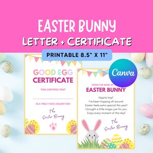Easter Bunny Letter & Good Egg Certificate Printable, Mini 5x7 Easter Set, Pastel Easter Bunny Note, Editable Canva Template