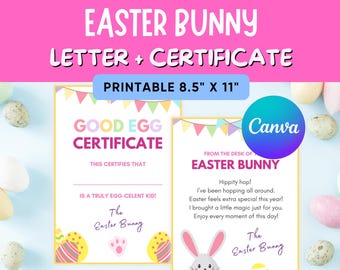 Easter Bunny Letter & Good Egg Certificate Printable, Mini 5x7 Easter Set, Pastel Easter Bunny Note, Editable Canva Template
