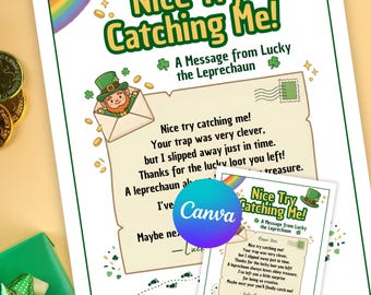 Leprechaun Trap Escape Letter Printable | Nice Try Catching Me Leprechaun Note | Lucky the Leprechaun Letter | St Patrick’s Day Kids | Canva