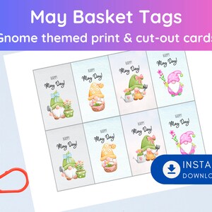 May Day Basket Printable Gnome Cards, 8 cartes, 4 modèles assortis, Imprimer à la maison May Day Gift Tags, Spring Card, May 1 Basket, US Letter