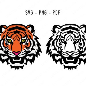May include: A black and white illustration of a tiger's face with a black outline. The tiger's face is shown in two versions: one with orange and black stripes and one with white and black stripes.