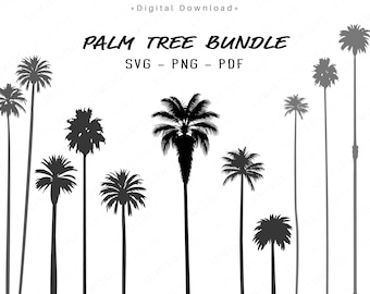 May include: A digital download featuring a collection of stylized palm tree silhouettes in black and gray. The text "PALM TREE BUNDLE" is displayed above the file type options: SVG, PNG, and PDF. The image showcases various palm tree designs.