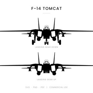 May include: A black silhouette graphic of an F-14 Tomcat fighter jet shown from the front. The top illustration displays the landing gear down, while the bottom illustration shows the landing gear up. Text includes F-14 TOMCAT, LANDING GEAR DOWN, LANDING GEAR UP, SVG, PNG, PDF, and COMMERCIAL USE.