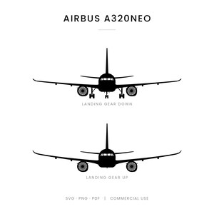 May include: A black silhouette graphic of an Airbus A320neo airplane. The top illustration shows the aircraft with landing gear down, and the bottom shows it with landing gear up. Text includes AIRBUS A320NEO, LANDING GEAR DOWN, LANDING GEAR UP, SVG, PNG, PDF, and COMMERCIAL USE.
