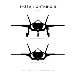 May include: A black silhouette graphic of an F-35A Lightning II fighter jet shown from the front. The top illustration shows the landing gear down, and the bottom illustration shows the landing gear up. Text includes F-35A LIGHTNING II, LANDING GEAR DOWN, LANDING GEAR UP, SVG, PNG, PDF, and COMMERCIAL USE.