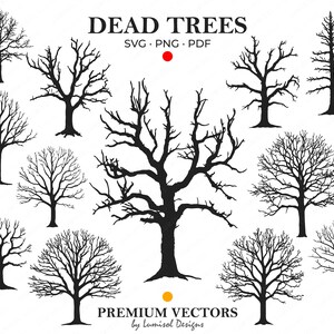 May include: A set of 10 black silhouette images of dead trees, including various shapes and sizes. The images are perfect for crafting projects, scrapbooking, or digital design.