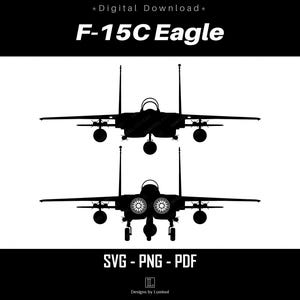 May include: Black silhouette of an F-15C Eagle fighter jet. The jet is shown in two positions, one with the nose pointed up and the other with the nose pointed down. The text "F-15C Eagle" is above the image, and the text "SVG - PNG - PDF" is below the image.