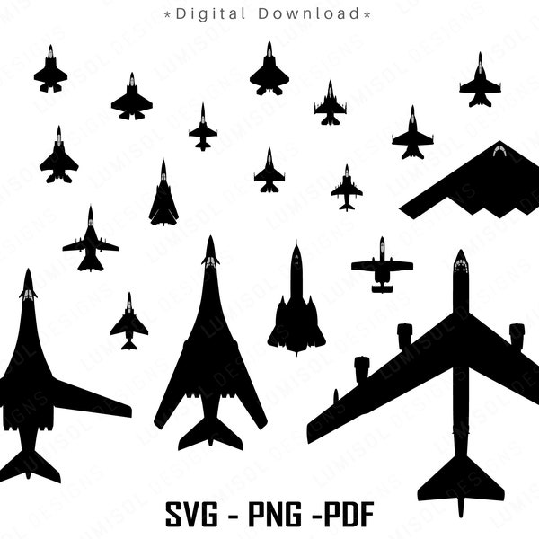 Straaljagers SVG-bundel | Luchtmacht vliegtuigen silhouetten | Militaire vliegtuigen PNG | Marine clipart vector ontwerpen