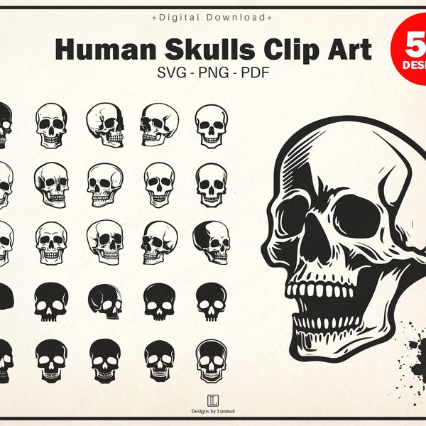 50 Human Skulls SVG Bundle | Gothic Skulls Clip Art PNG | Hand Drawn Vector Designs | Horror Bundle