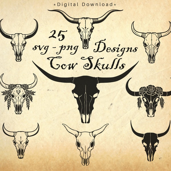 25 Cow Skulls SVG Bundle | Buffalo Bull Longhorn Skulls Clip Art | Desert Boho Designs | Commercial Use