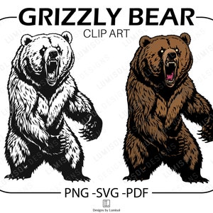 Puede incluir: Una ilustración en blanco y negro de un oso grizzly de pie sobre sus patas traseras con la boca abierta, rugiendo. El oso está de frente. La imagen está sobre un fondo blanco. El texto "GRIZZLY BEAR" está sobre el oso y el texto "CLIP ART" está debajo del oso. El texto "PNG-SVG-PDF" está debajo del oso. El texto "Designs by Lumisol" está en la parte inferior de la imagen.