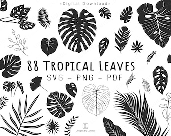 May include: A set of 88 black and white tropical leaf silhouettes. The leaves are in various shapes and sizes, including palm leaves, monstera leaves, and ferns. The text "88 Tropical Leaves" is written in black at the bottom of the image. The text "SVG - PNG - PDF" is written in black below the text "88 Tropical Leaves".