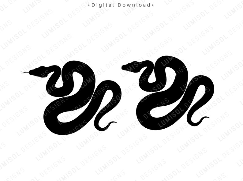 May include: Two black silhouette images of snakes curled up in a circle. The snakes are facing opposite directions.