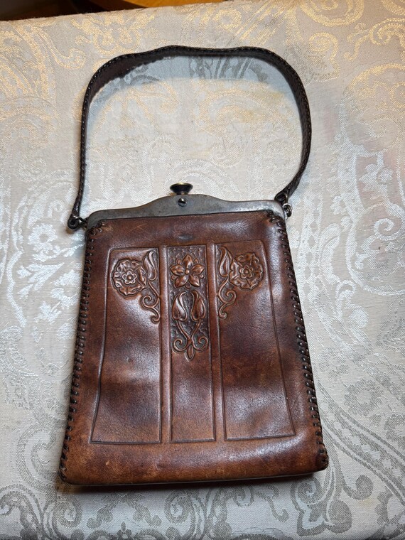 Antique Art Nouveau Arts and Crafts Hand Tooled Leather Purse