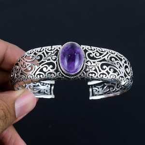 Natural Amethyst Gemstone Bangle 925 Sterling Silver Cuff Bracelet Women Bracelet Bohemian Jewelry Handmade Bracelet Designer Bangle