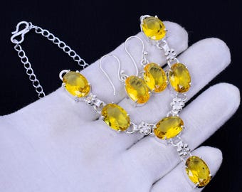 Citrine Gemstone Necklace Earring Set: Bohemian 925 Silver Jewelry