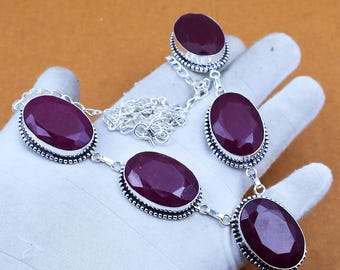 Kashmiri Ruby Sterling Silver Necklace: Handmade Bohemian Bridal Jewelry