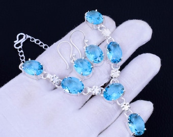 Swiss Blue Topaz 925 Sterling Silver Necklace Earring Set