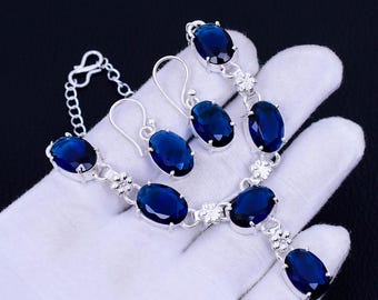 Conjunto de collar y pendientes de cuarzo tanzanita hechos a mano en plata 925: joyería nupcial bohemia