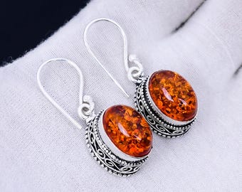 Baltic Amber Earring 925 Sterling Silver Earring Amber Gemstone Women Earring Handmade Earring Drop Dangle Earring Solid Silver Gift For Her