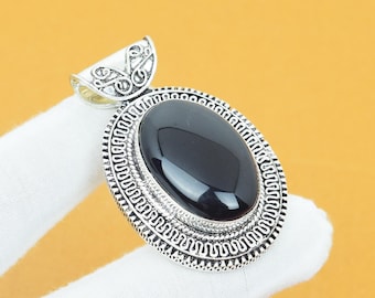 Black Onyx 925 Sterling Silver Pendant: Bohemian Necklace