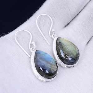 May include: A pair of silver dangle earrings featuring teardrop-shaped labradorite stones. The stones display a dark blue, green, and gold iridescent sheen.
