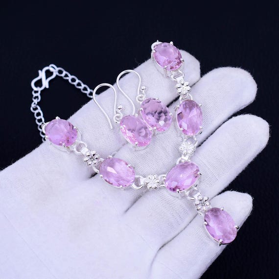 Pink Kunzite 925 Silver Necklace Earring Set: Bohemian Bridal Jewelry