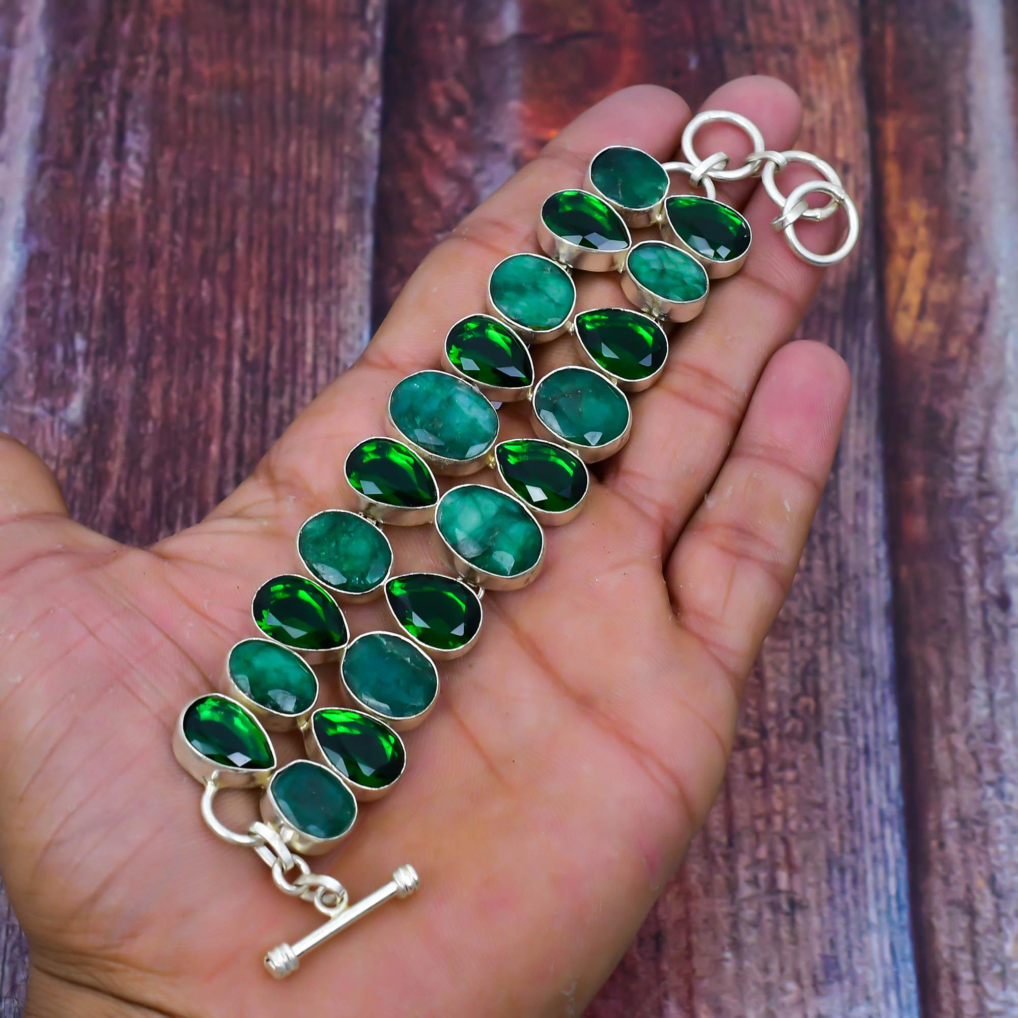 Zambian Emerald & Chrome Diopside Sterling Silver Bracelet